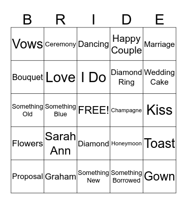 Sarah Ann's Bridal Shower Bingo Card