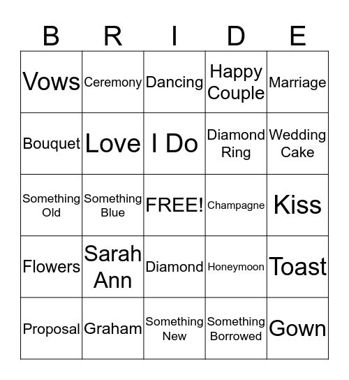 Sarah Ann's Bridal Shower Bingo Card