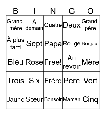 French Language Bingo Card