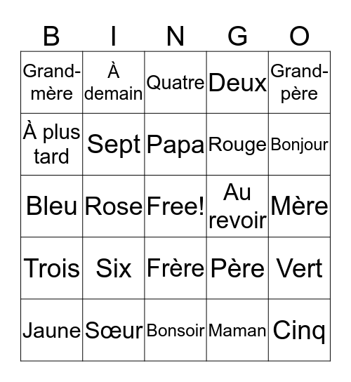 French Language Bingo Card