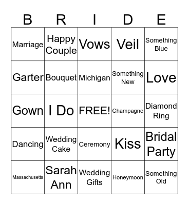 Sarah Ann's Bridal Shower Bingo Card