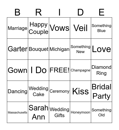 Sarah Ann's Bridal Shower Bingo Card