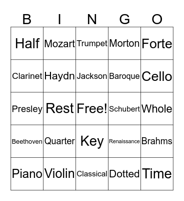 Musical Bingo Card