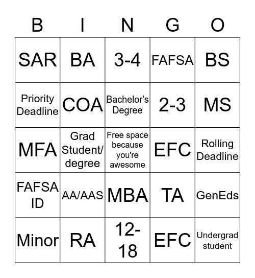 Understanding College Acronyms  Bingo Card