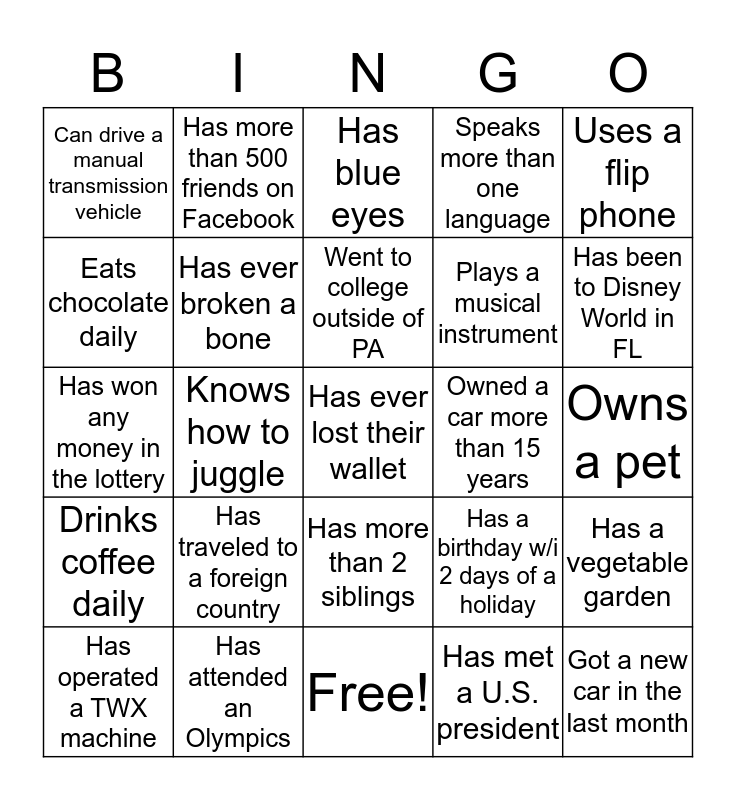 3SI Bingo Card
