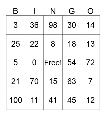 Mental Math Bingo Card