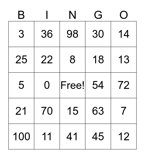 Mental Math Bingo Card