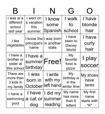 Back to School BINGO Card