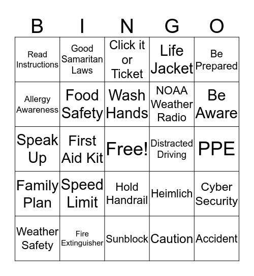 SAFETY WEEK BINGO Card