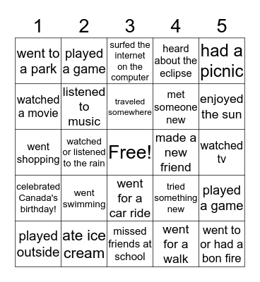 Summer Fun!!!!! Bingo Card