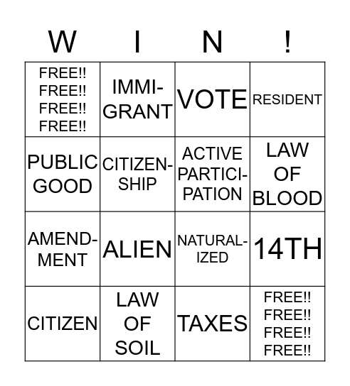 CITIZENSHIP VOCAB Bingo Card