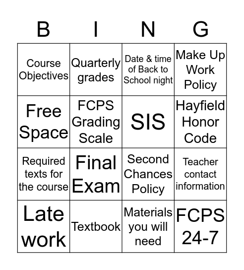 Syllabus Bingo! Bingo Card