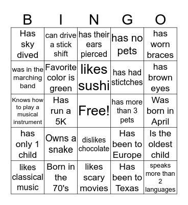 Find Someone Who..... Bingo Card