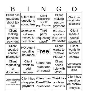 Client Relations Servicing Bingo Card