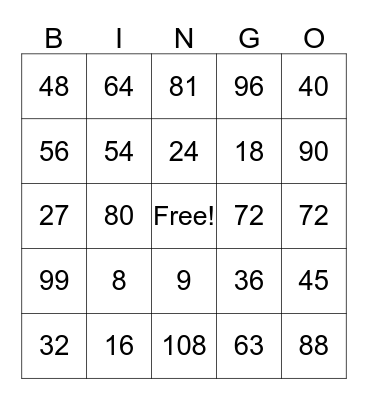 Multiplication Bingo Card