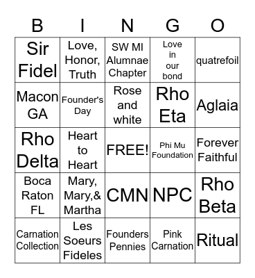 Phi Mu Bingo Card