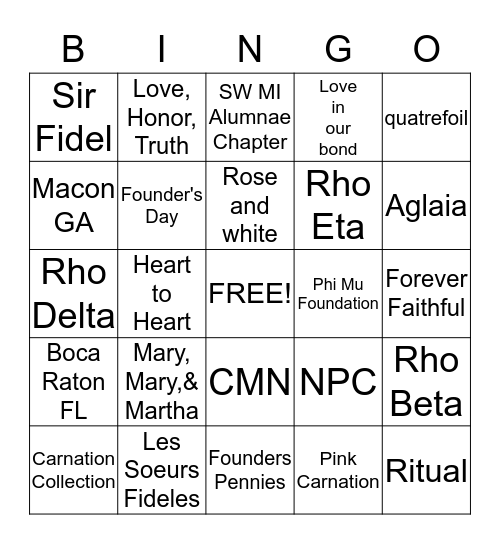 Phi Mu Bingo Card