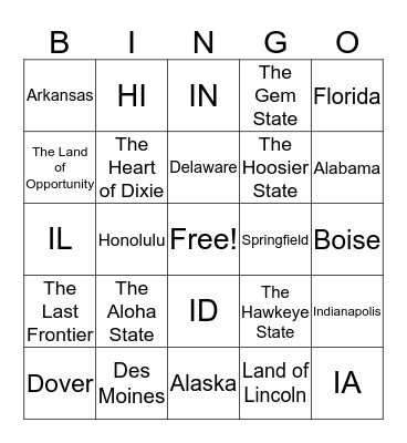 States Test 11-16 Bingo Card
