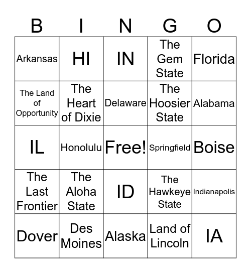 States Test 11-16 Bingo Card