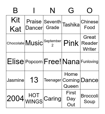 JADE'S BIRTHDAY BINGO Card