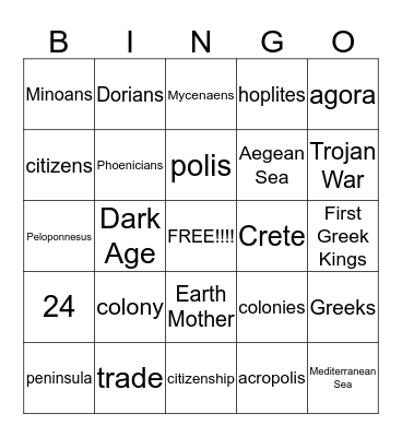 The Early Greeks Bingo Card