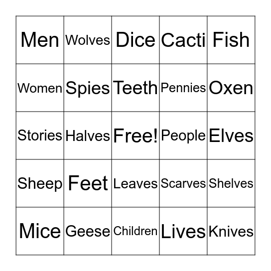Plural Nouns Bingo Card