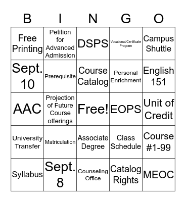 Orientation to College Bingo Card