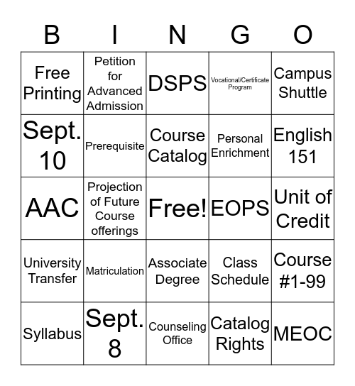 Orientation to College Bingo Card