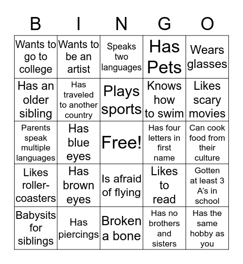 Get to Know your Neighbor Bingo Card