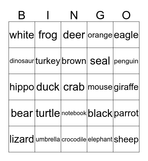 Animals, Alphabet & Colors Bingo Card