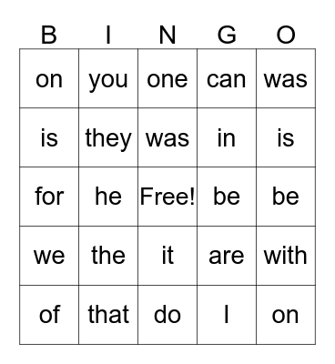 SIGHT WORDS Bingo Card