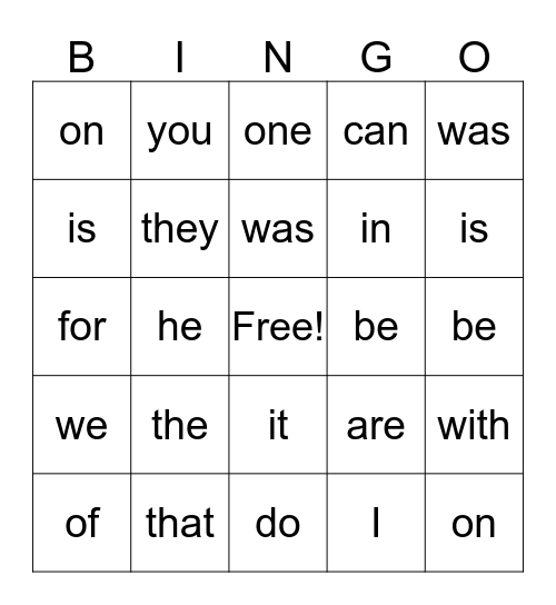 SIGHT WORDS Bingo Card