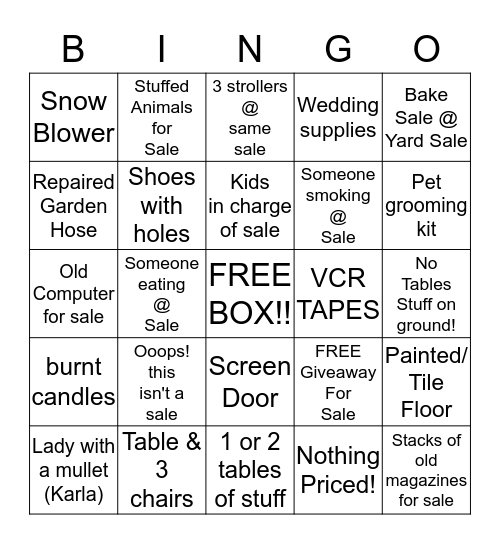 Bismarck/Mandan Yard Sale Bingo Card