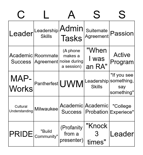 RA Training Bingo! Bingo Card