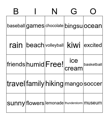 Summertime Bingo Card