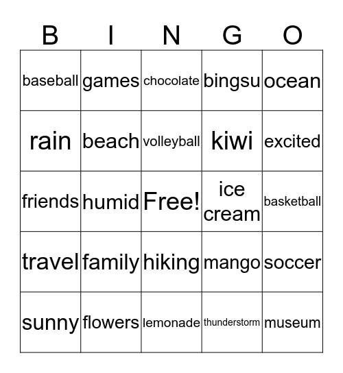 Summertime Bingo Card