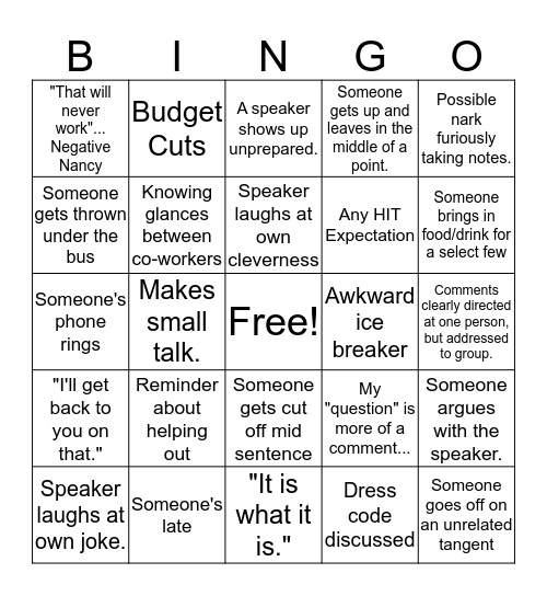 Staff Meeting Bingo Card