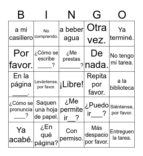 Frases Necesarias para la clase de español Bingo Card