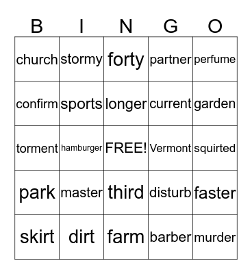 R-Controlled Vowels Bingo Card