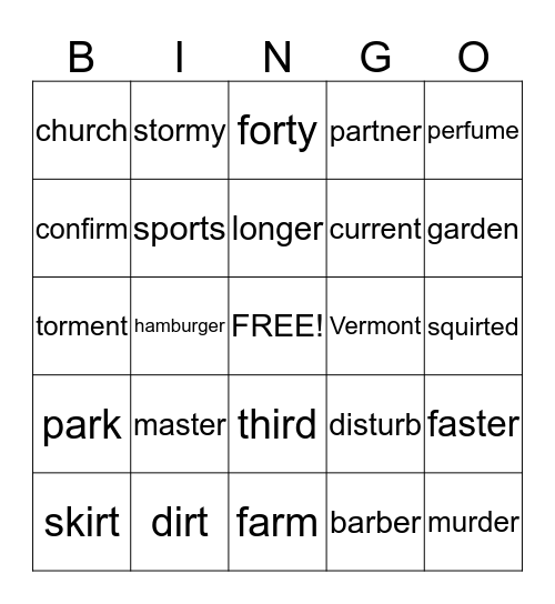 R-Controlled Vowels Bingo Card
