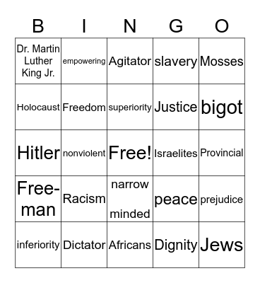 Vocabulary Bingo Racism Bingo Card