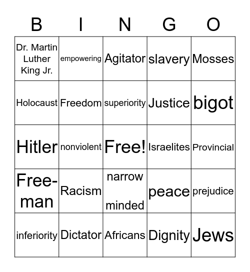 Vocabulary Bingo Racism Bingo Card