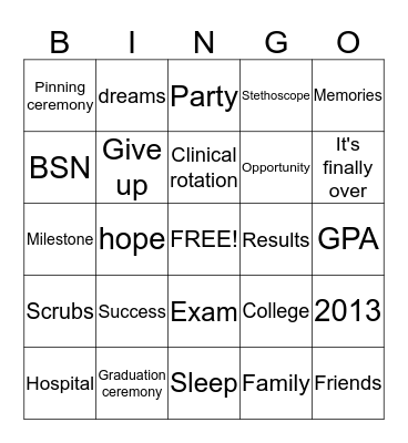 Nursing School Bingo Card