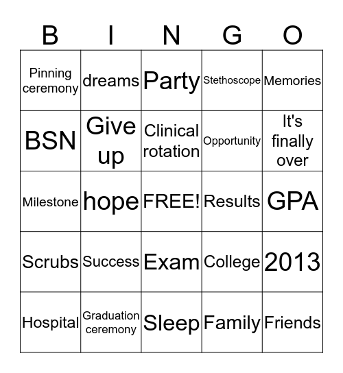 Nursing School Bingo Card