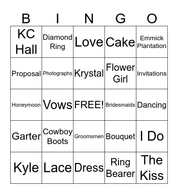 Krystal's Bridal Bingo Card