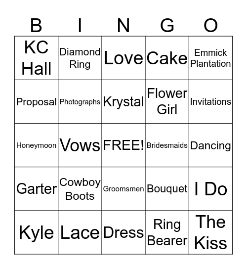 Krystal's Bridal Bingo Card