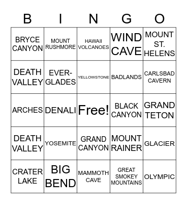 NATIONAL PARKS Bingo Card