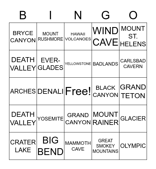 NATIONAL PARKS Bingo Card