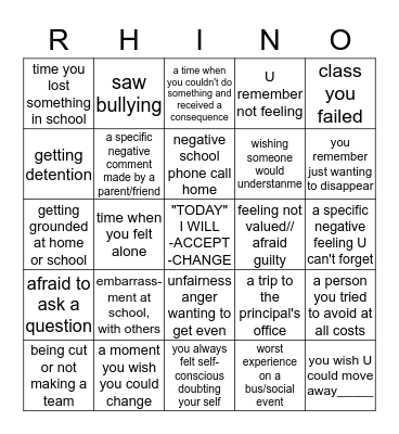 Negative School Memories Bingo Card