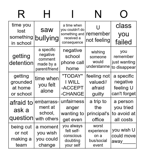 Negative School Memories Bingo Card